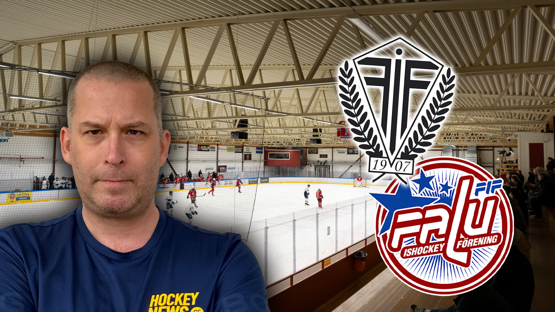 Porträtt av en man i blå Hockey News-tröja fotograferad på en ishall med ishockeyplan i bakgrunden.