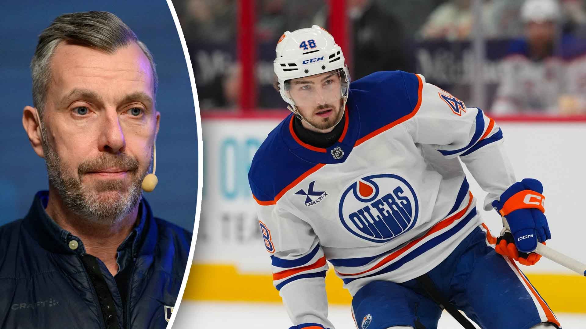Sammansatt bild med porträtt av en man till vänster och en ishockeyspelare i Edmonton Oilers-uniform till höger under en match.