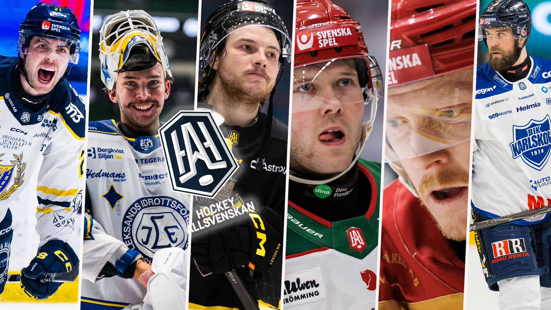 Kollage med sex porträttfoton av ishockeyspelare i olika lag och uniformer som visar olika ansiktsuttryck under match eller träning.