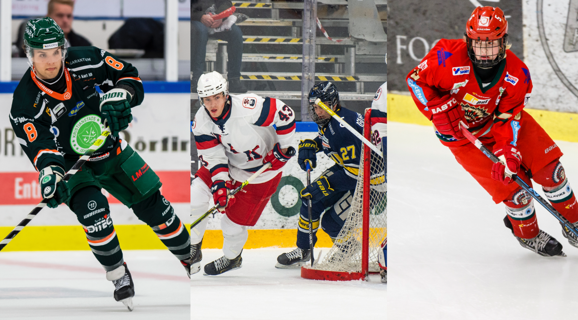 Tre ishockeyspelare i action under matcher. Vänster: spelare i grön och svart tröja. Mitten: spelare i vit tröja nära målmålvakten. Höger: spelare i röd tröja med pucken.