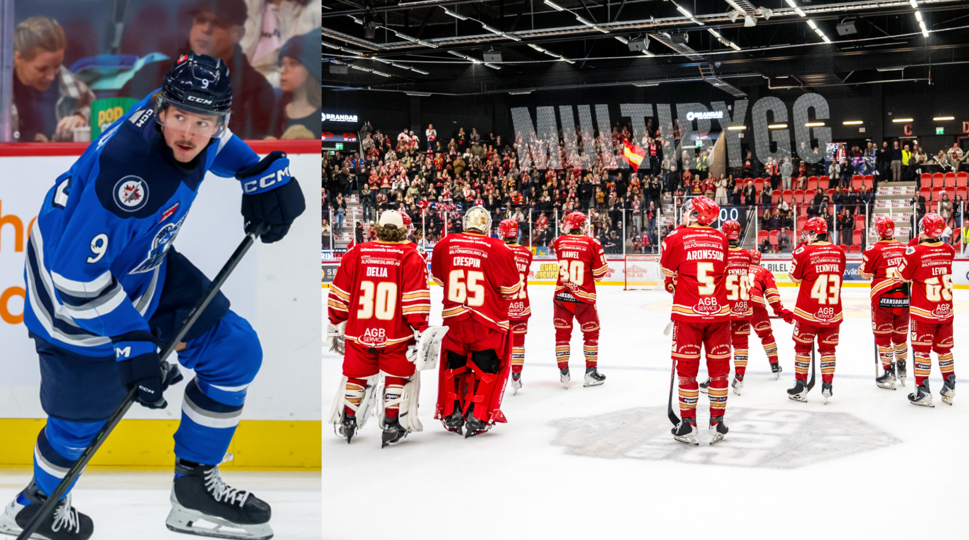Sammansatt bild från ishockeymatcher. Till vänster en spelare i blå tröja med nummer 9 under match. Till höger ett lag i röda tröjor som står uppställda på isen framför publik i en ishall.