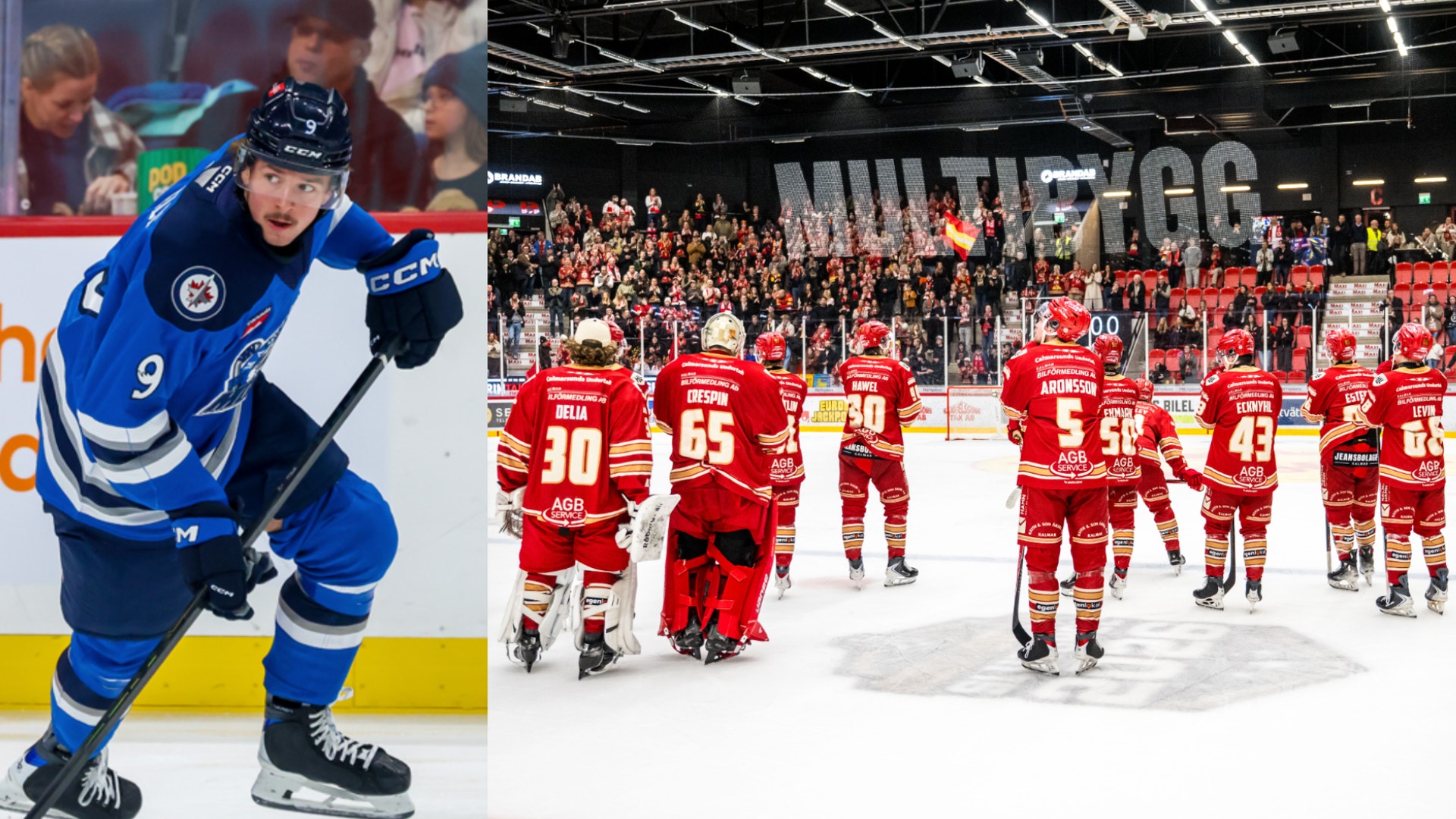 Sammansatt bild från ishockeymatcher. Till vänster en spelare i blå tröja med nummer 9 under match. Till höger ett lag i röda tröjor som står uppställda på isen framför publik i en ishall.