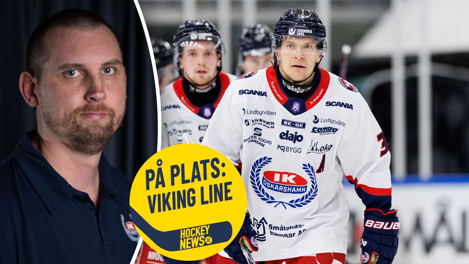 Bildmontage med en man i mörk polotröja till vänster och ishockeyspelare i vita matchtröjor till höger, samt en gul logotyp med texten "På plats: Viking Line".