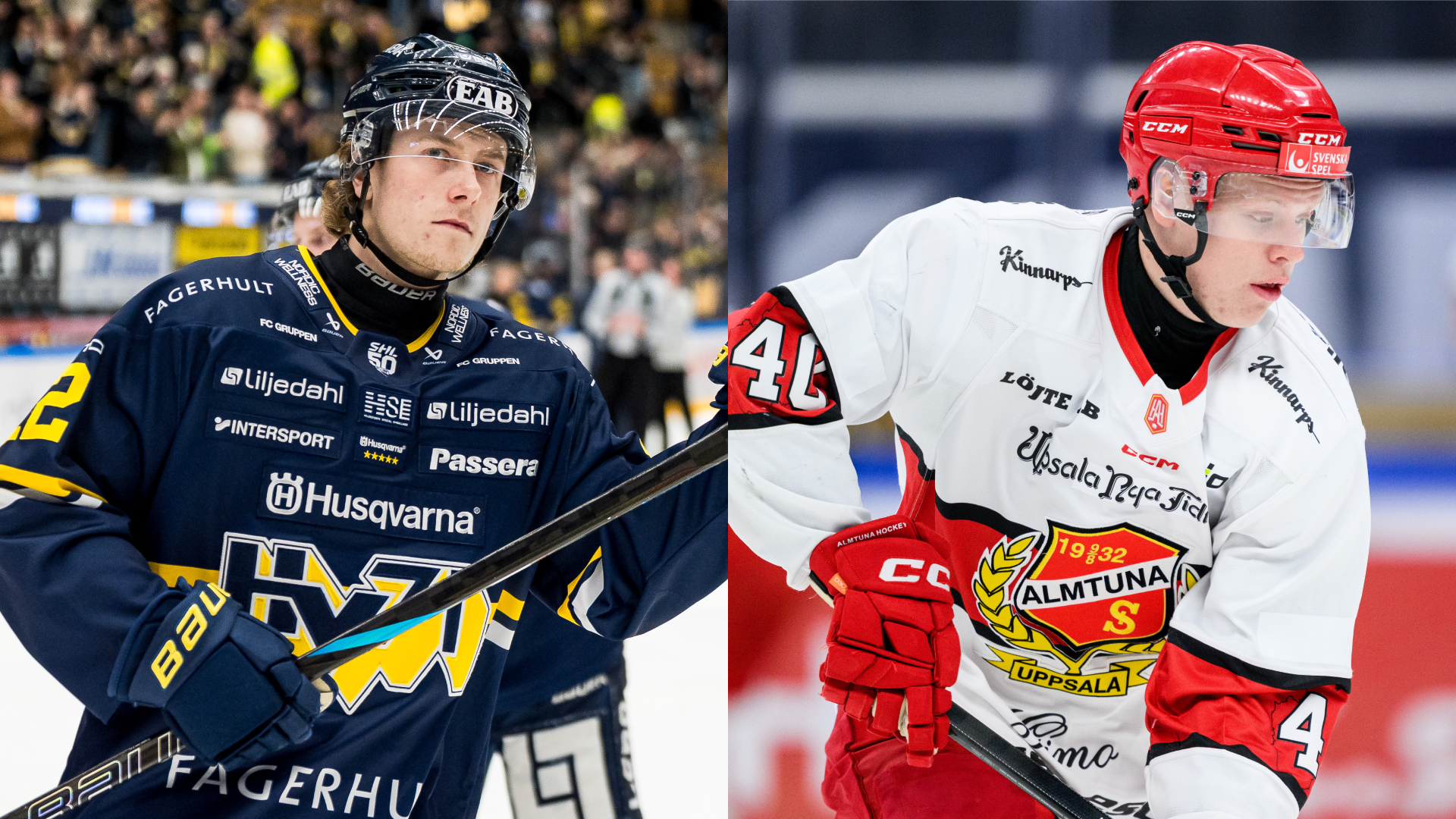 Kollage med två ishockeyspelare i hjälm. Till vänster en spelare i mörkblå matchtröja, till höger en spelare i vit och röd matchtröja.
