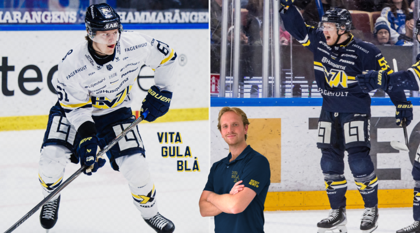 Kollage från ishockeymatch och träning. Till vänster en spelare i vit och blå tröja med gul detalj under en match. I mitten en coach i mörkblå tröja som står med armarna i kors. Till höger två spelare i mörkblå och gula tröjor under en match.
