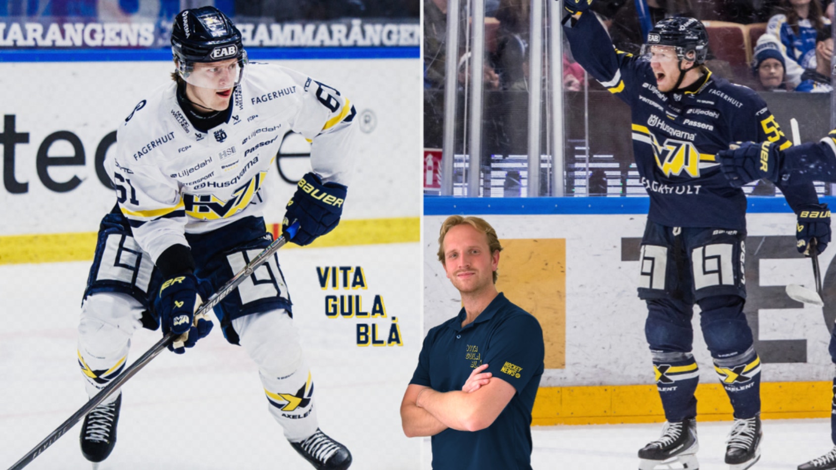 Kollage från ishockeymatch och träning. Till vänster en spelare i vit och blå tröja med gul detalj under en match. I mitten en coach i mörkblå tröja som står med armarna i kors. Till höger två spelare i mörkblå och gula tröjor under en match.