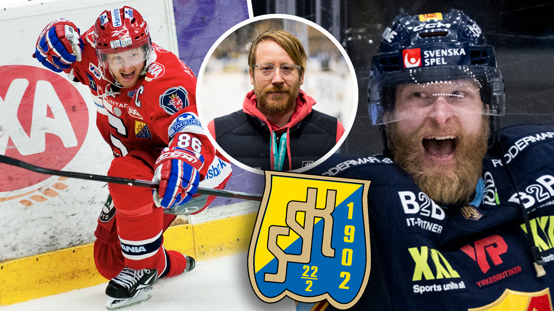 Collage med ishockeyspelare och tränare. Visar två spelarbilder i röda och mörkblåa landslagstrikåer samt en porträttbild av en man med lag-logotyp i mitten.