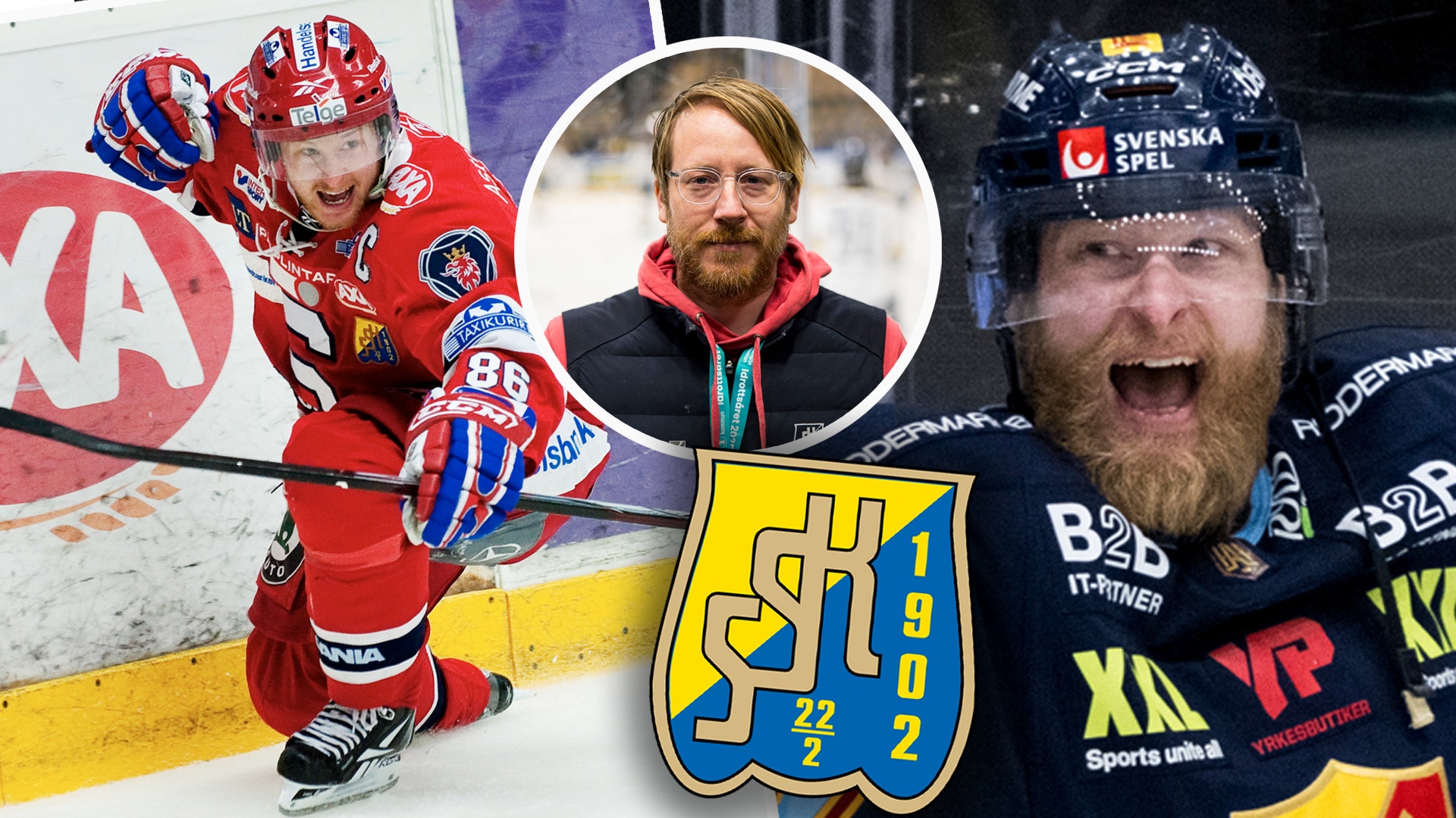 Collage med ishockeyspelare och tränare. Visar två spelarbilder i röda och mörkblåa landslagstrikåer samt en porträttbild av en man med lag-logotyp i mitten.