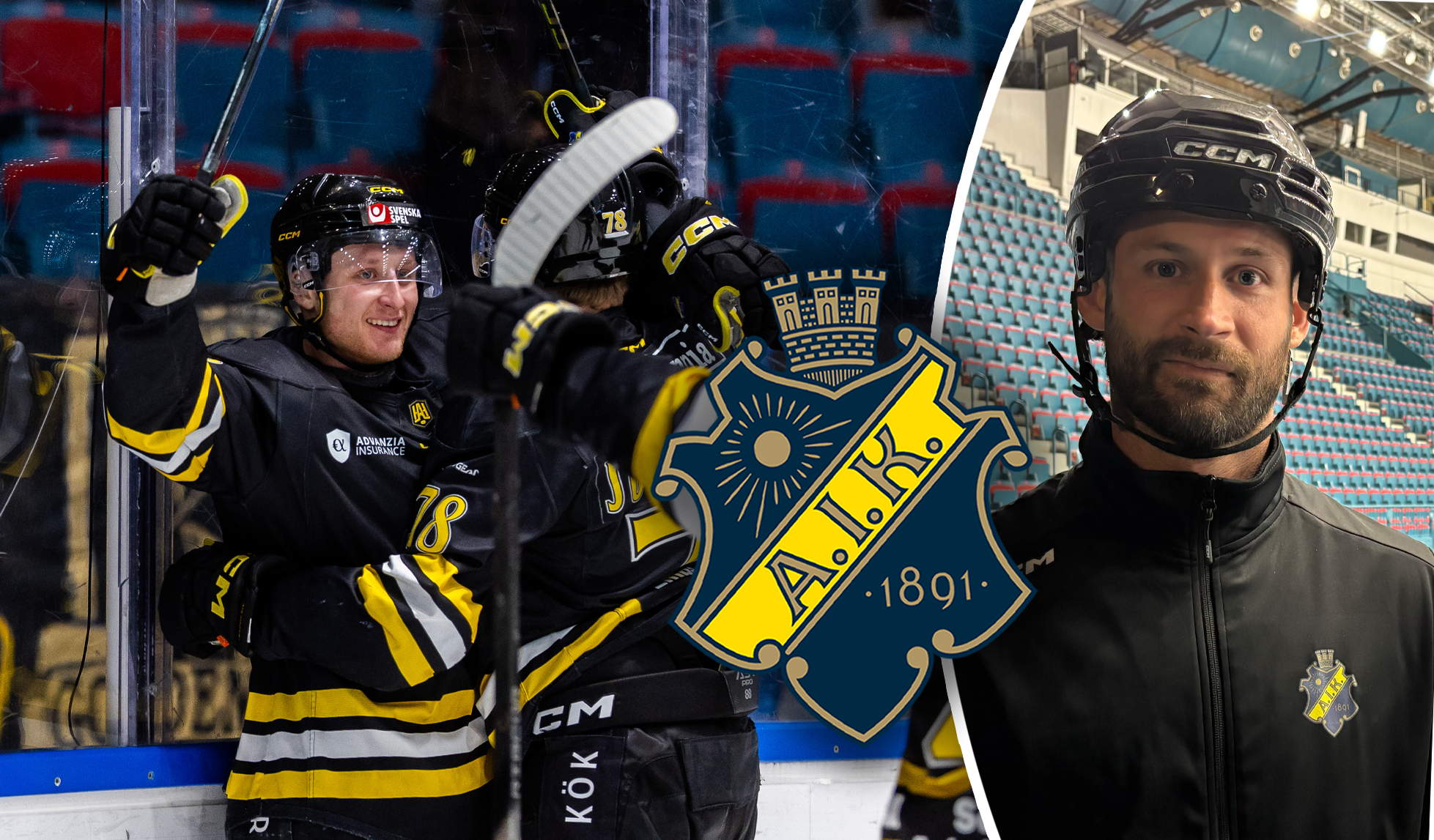 Två AIK-spelare jublar på isen bredvid klubbens emblem, till höger en man i hockeyutrustning i en ishall.