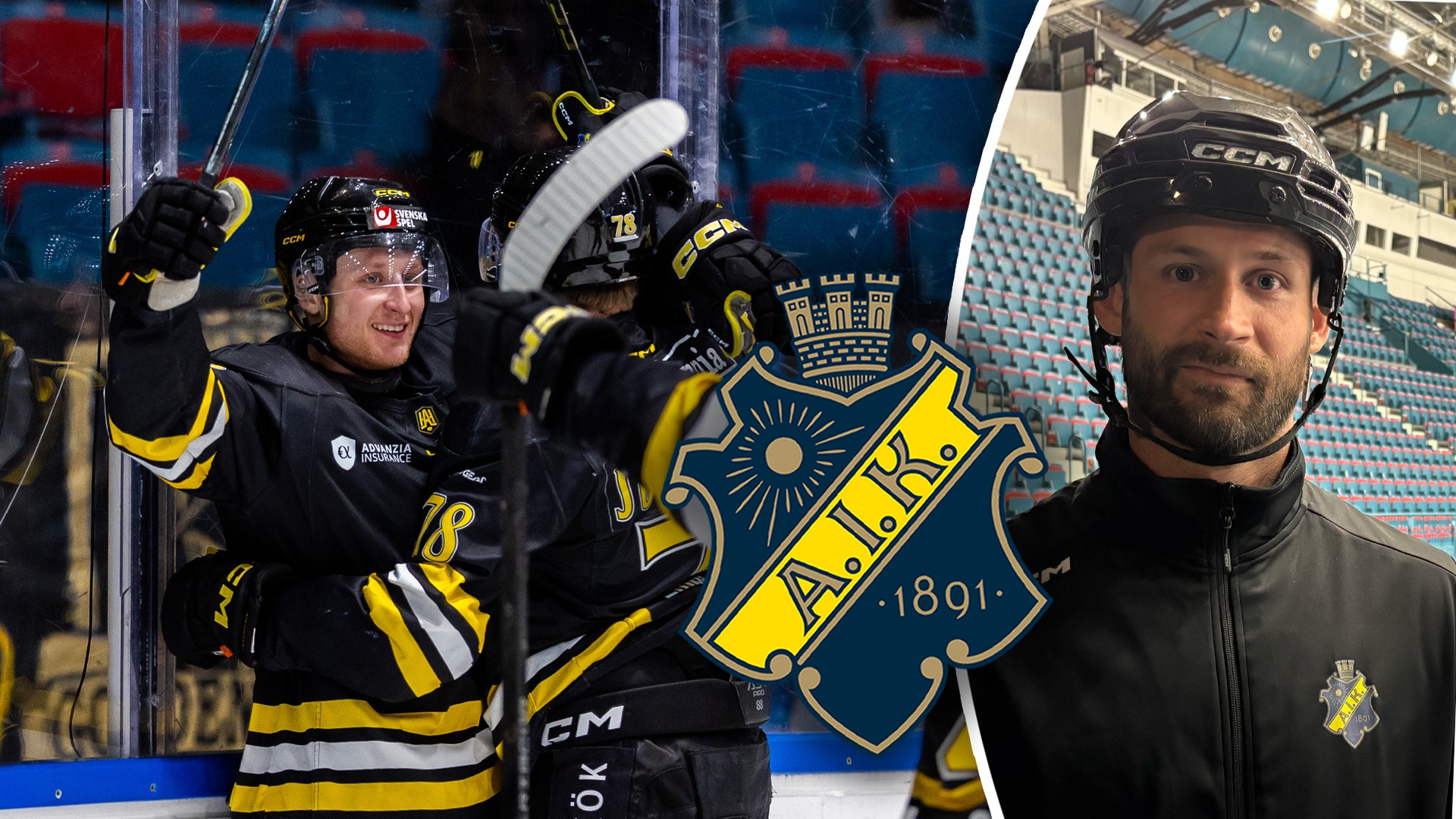 Två AIK-spelare jublar på isen bredvid klubbens emblem, till höger en man i hockeyutrustning i en ishall.