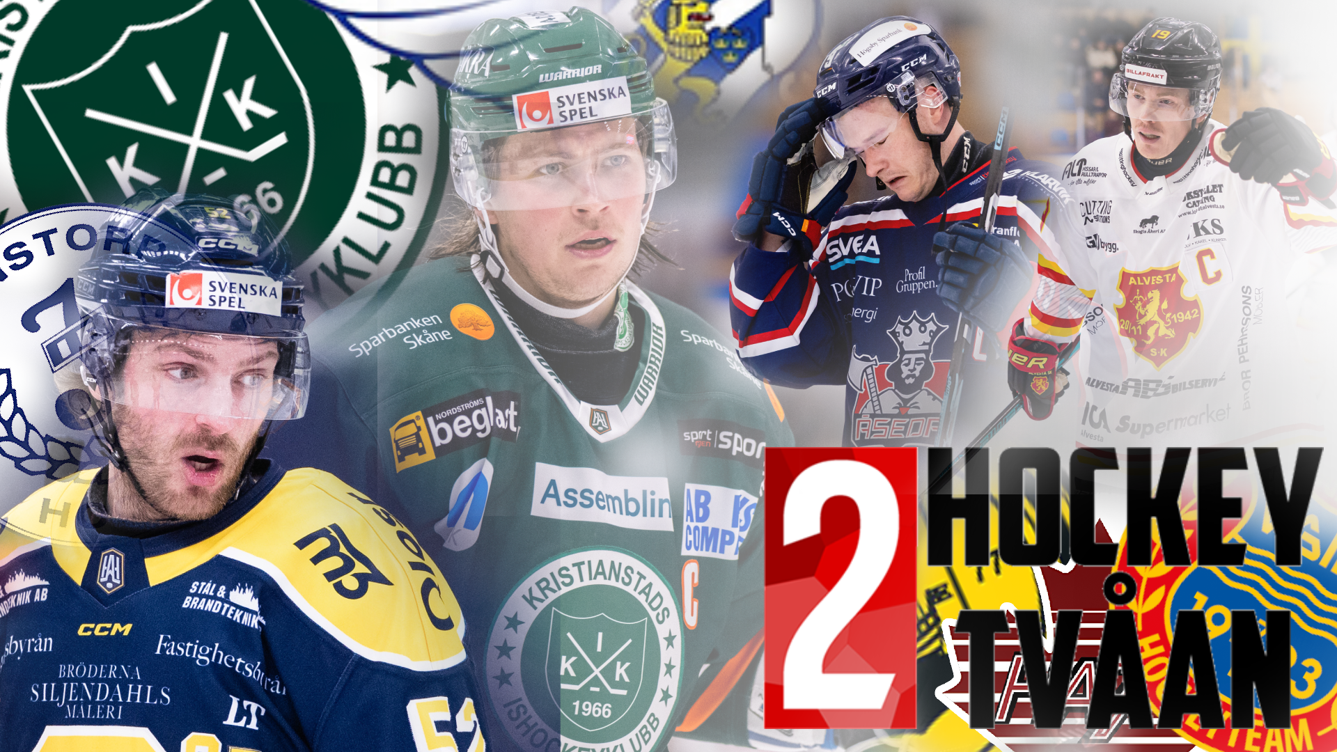 Kollage med fyra ishockeyspelare i olika lagtröjor och klubbmärken i bakgrunden. Till höger står texten ”2 Hockeytvåan”.