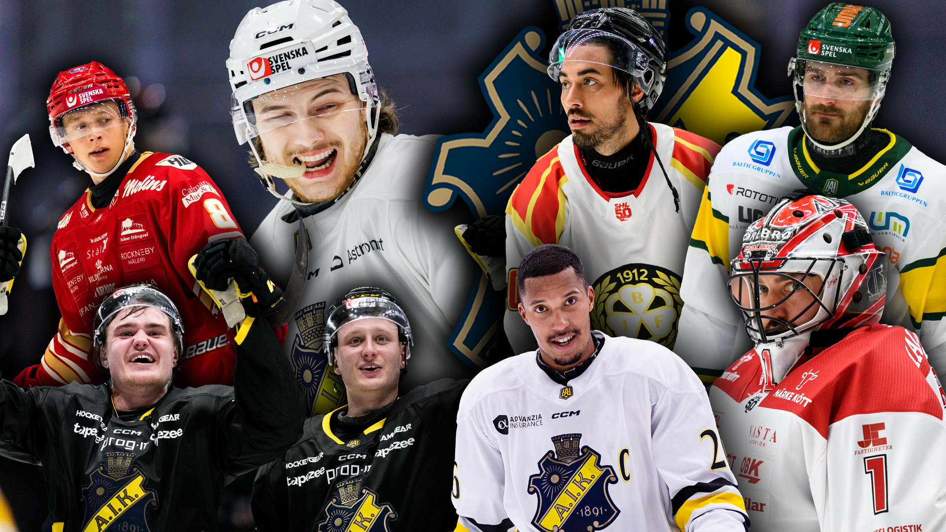 Kollage med ishockeyspelare från olika svenska ishockeylag. Spelarna är fotograferade i sina respektive lag-uniformer med hjälmar och utrustning.