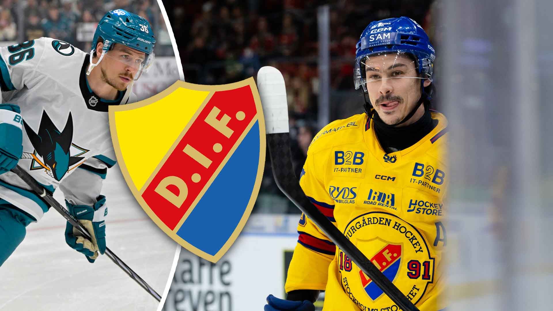 Två ishockeyspelare, en i vit tröja och en i gul tröja, båda med blå hjälmar. Mellan dem syns ett lagemblem i gult, rött och blått.