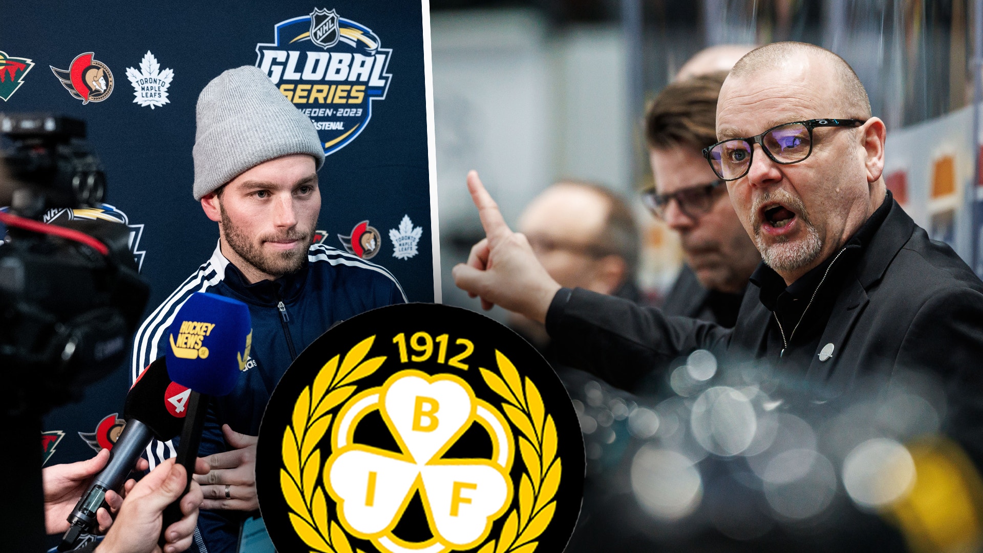Sammansatt bild från en ishockeymatch visar en spelare i intervju och en coach som gestikulerar passionerat under NHL Global Series.