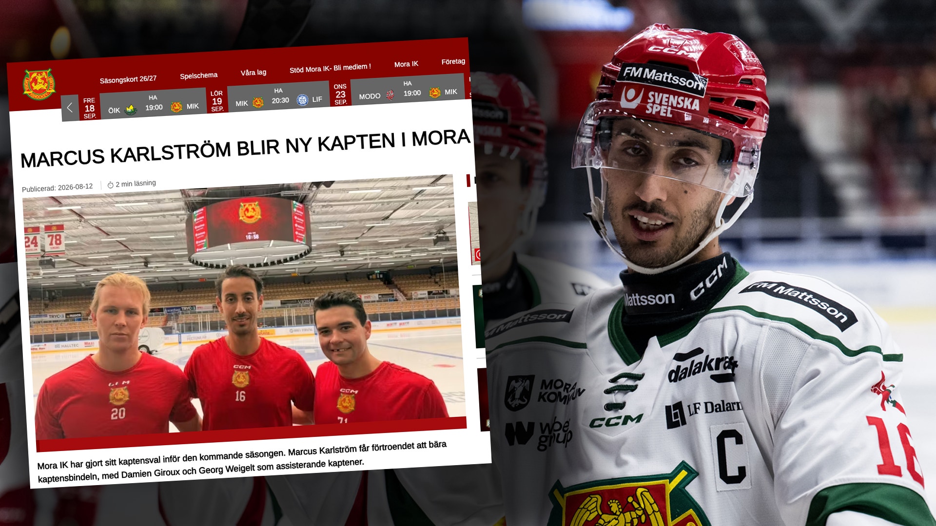 Collage med ishockeyspelaren Marcus Karlström. Vänster sida visar ett utklipp från en nyhetsartikel med tre spelare i röda landslagströjor på en ishall. Höger sida visar ett porträtt av en spelare i vit tröja med röda detaljer och röd hjälm.