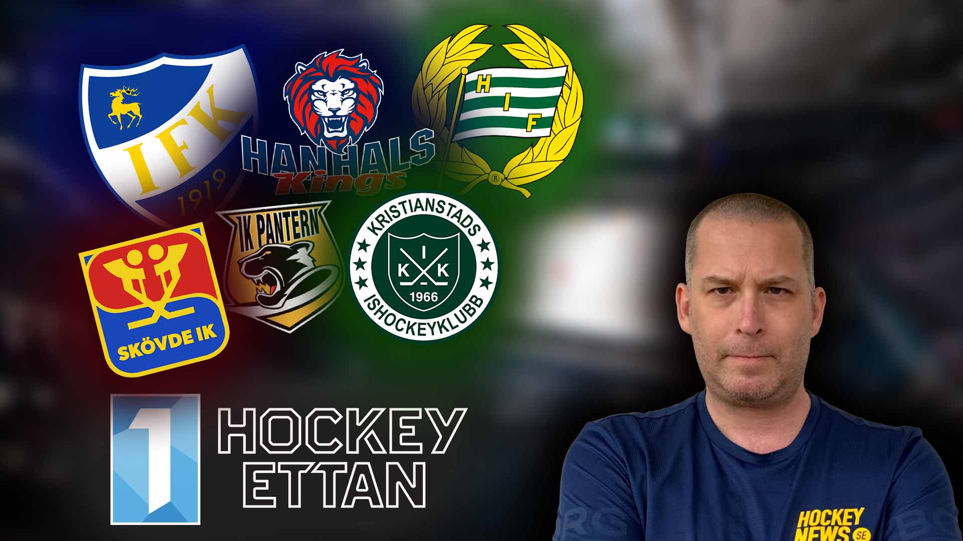 En man i mörkblå tröja omgiven av svenska ishockeylagors emblem och texten Hockey Ettan.
