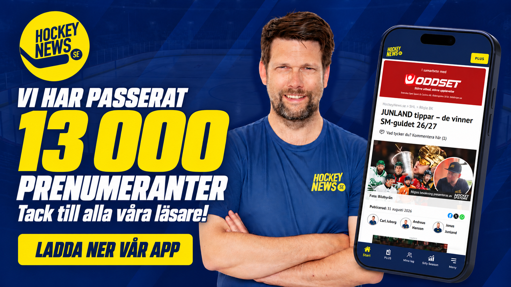 Leende man i blå Hockeynews-tröja med korslagda armar bredvid en mobiltelefon som visar Hockeynews app. Texten lyder: ”Vi har passerat 13 000 prenumeranter. Tack till alla våra läsare!” och en knapp med texten ”Ladda ner vår app”.