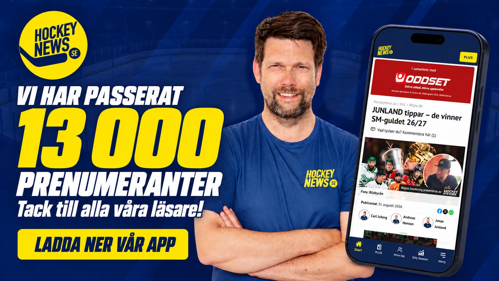 Leende man i blå Hockeynews-tröja med korslagda armar bredvid en mobiltelefon som visar Hockeynews app. Texten lyder: ”Vi har passerat 13 000 prenumeranter. Tack till alla våra läsare!” och en knapp med texten ”Ladda ner vår app”.