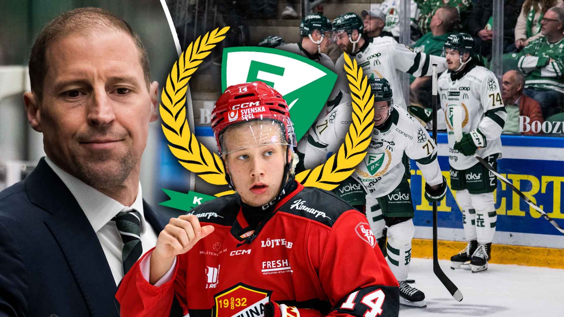 Sammansatt bild från ishockey. Till vänster en man i kostym, i mitten en ishockeyspelare i röd tröja med guldkrans bakom sig, och till höger ishockeyspelare på isen under match.