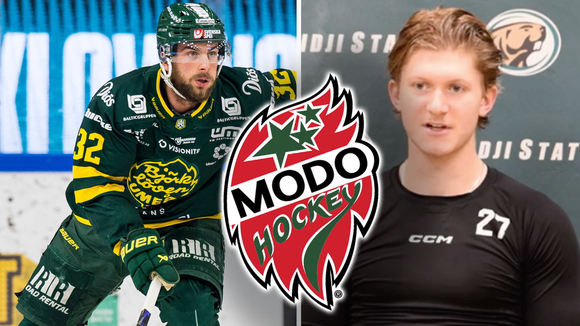 Collage med två hockeyspelare och Modo Hockeys logga. Till vänster en spelare i mörkgrön och gul tröja under en match, till höger en ung spelare i svart tröja med nummer 27.