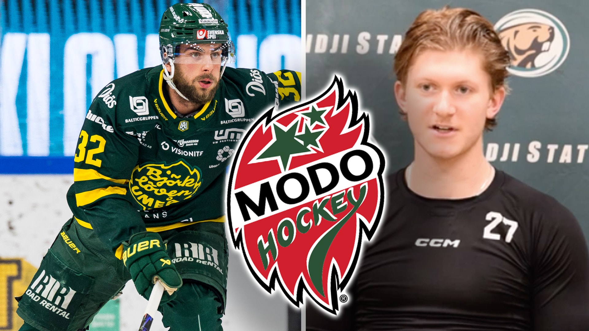 Collage med två hockeyspelare och Modo Hockeys logga. Till vänster en spelare i mörkgrön och gul tröja under en match, till höger en ung spelare i svart tröja med nummer 27.