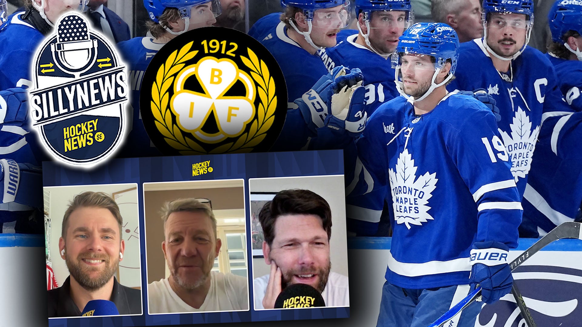 Collage med hockeytema innehållande Silly News Hockey News-logga, 1912-emblem, porträtt av tre män och ishockeyspelare i blå Maple Leafs-tröjor.