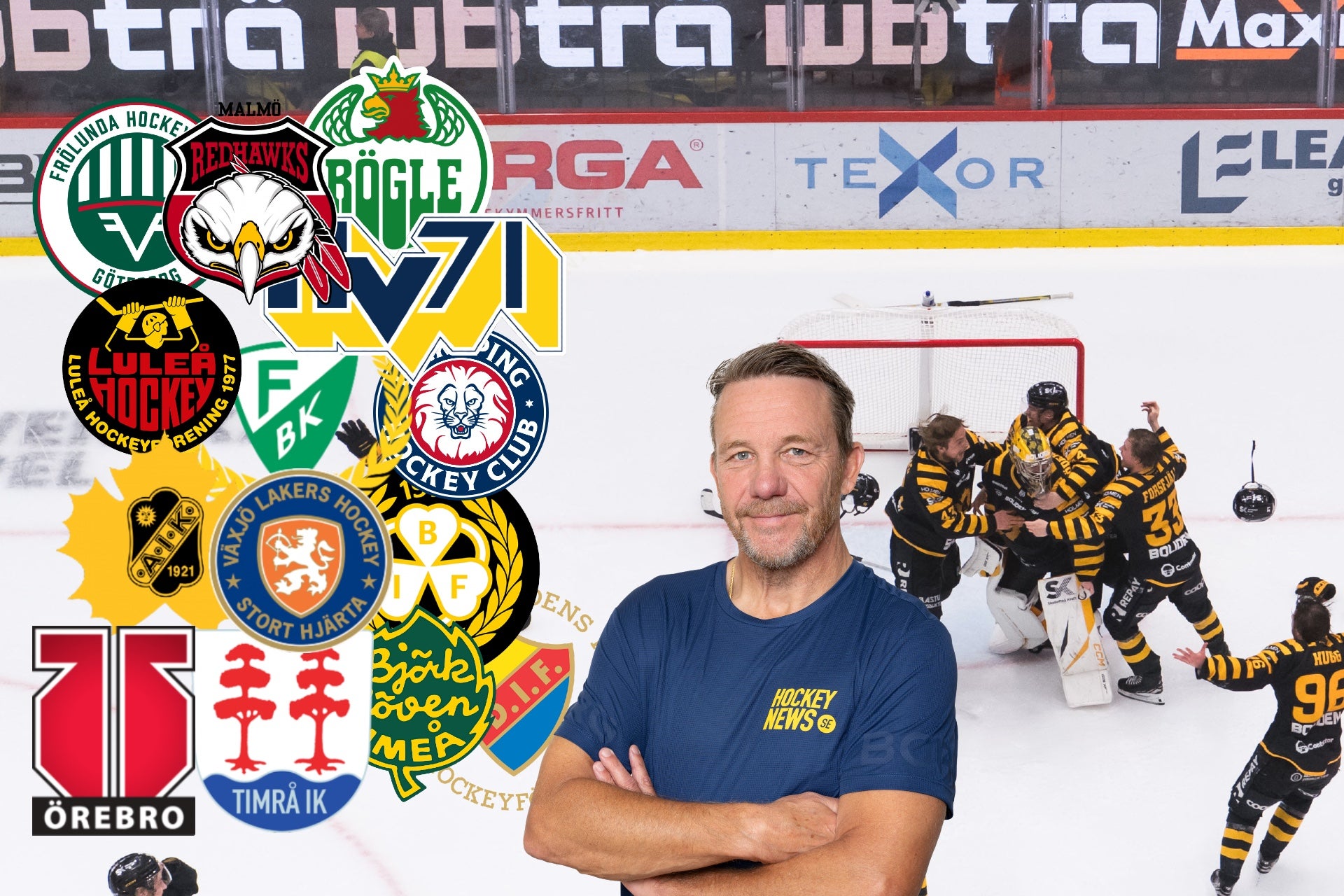 Porträtt av en man i blå tröja framför en ishockeybana med lag-logotyper och ishockeyspelare i bakgrunden.