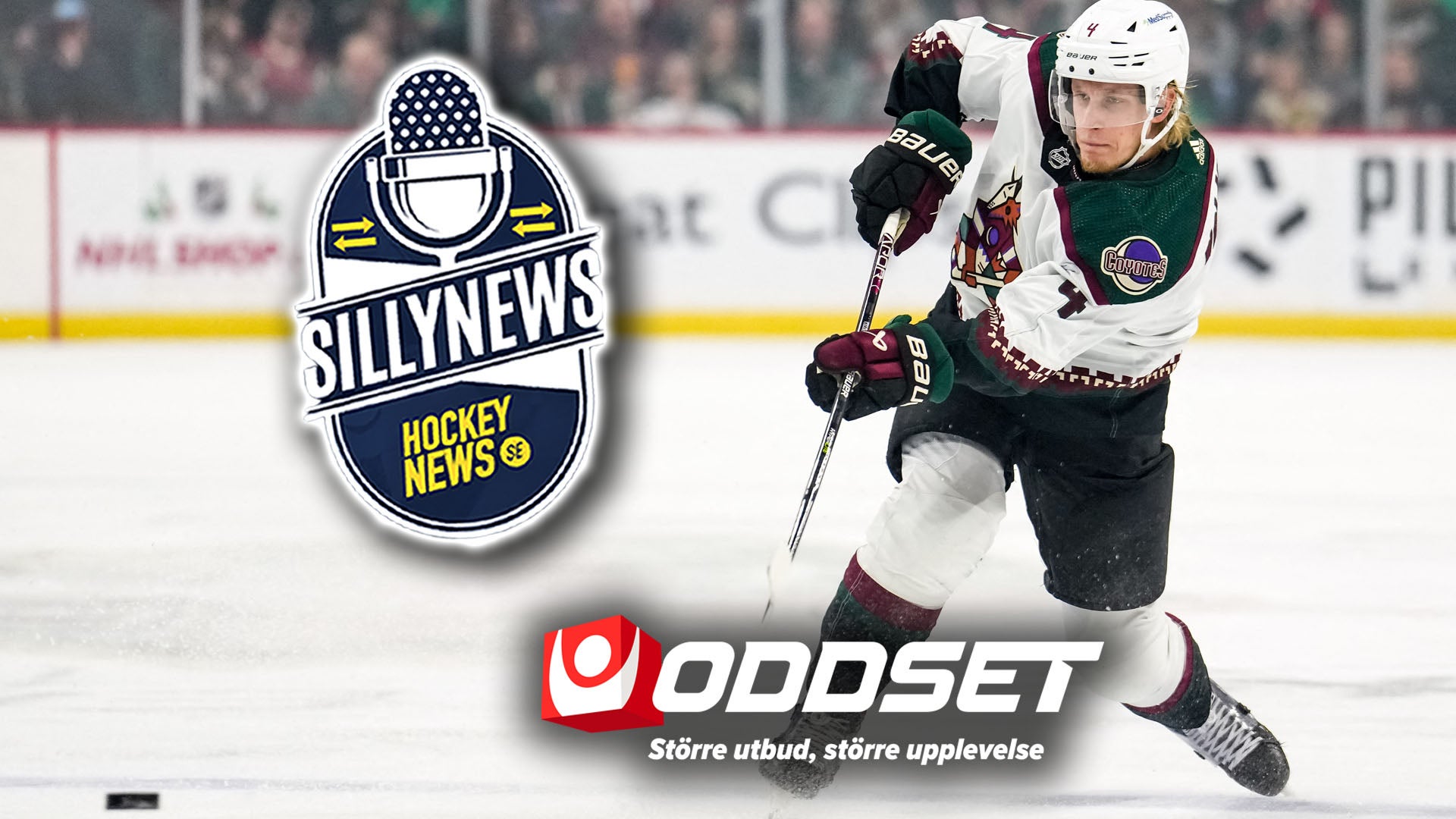 Ishockeyspelare i mörkgrön och vit tröja skjuter puck på isen under en match. Logotyper för SillyNews Hockey News och Oddset syns på bilden.