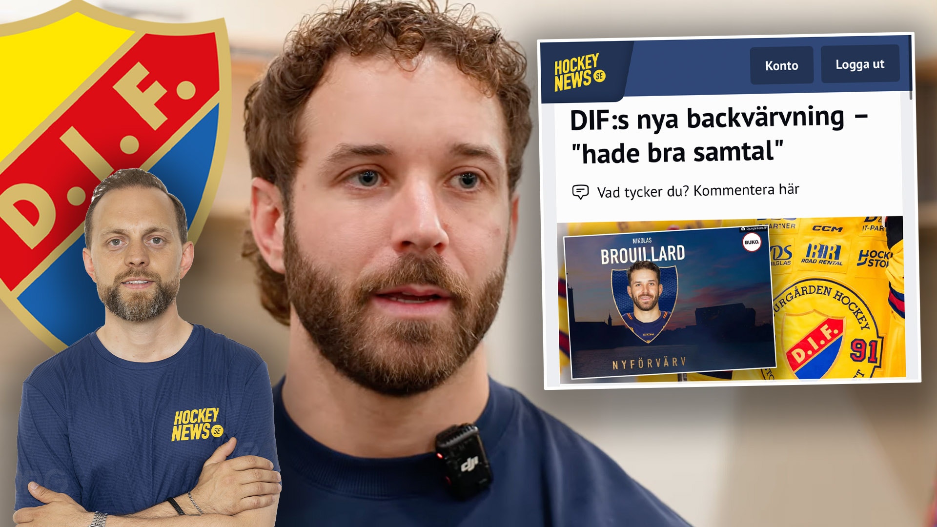 Porträttbild av en man med skägg. I bakgrunden syns DIFs logga och en skärm med Hockey News-gränssnitt.