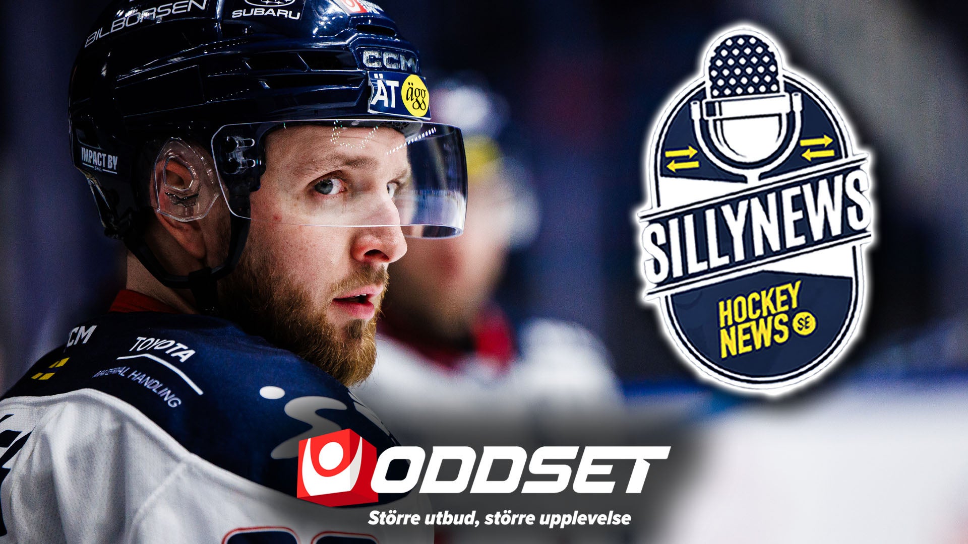 Ishockeyspelare i svart utrustning och hjälm. Bilden innehåller logotyper för Sillynews Hockey News och Oddset.