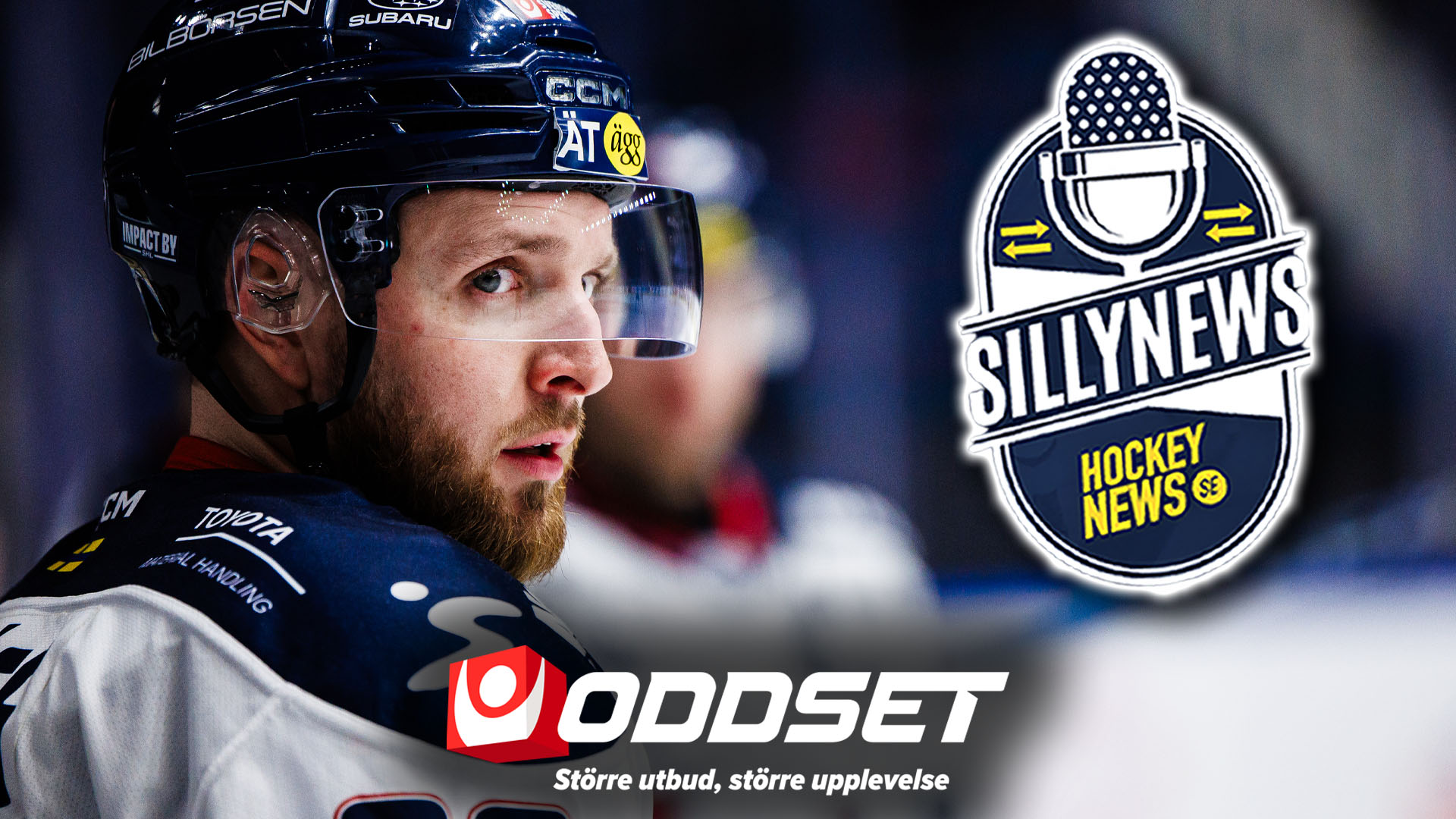 Ishockeyspelare i svart utrustning och hjälm. Bilden innehåller logotyper för Sillynews Hockey News och Oddset.