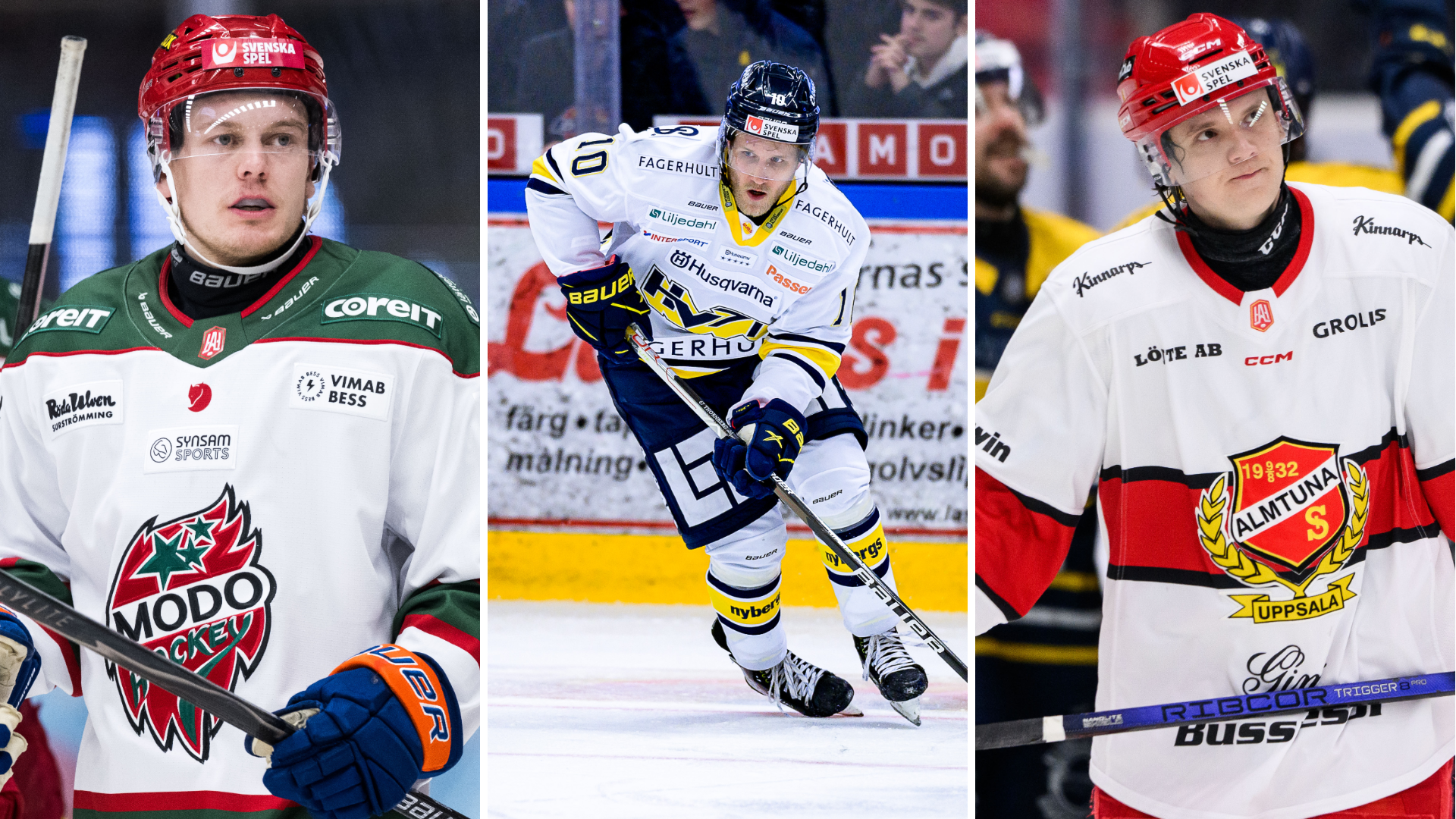 Bildkollage med tre ishockeyspelare i matchtröjor från olika lag.