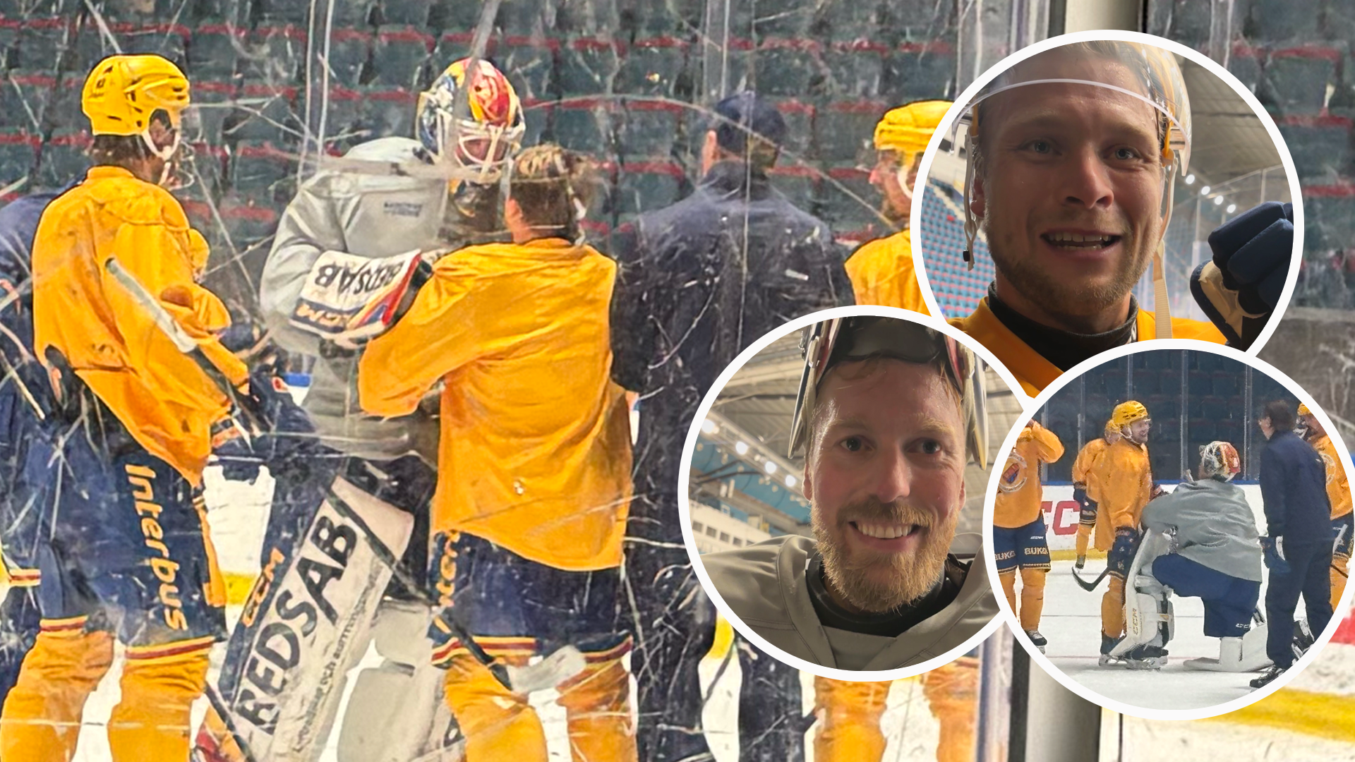 Ishockeyspelare i gula tröjor vid bänken under en match. Bilden visar även porträttcirklar av två spelare i närbild.