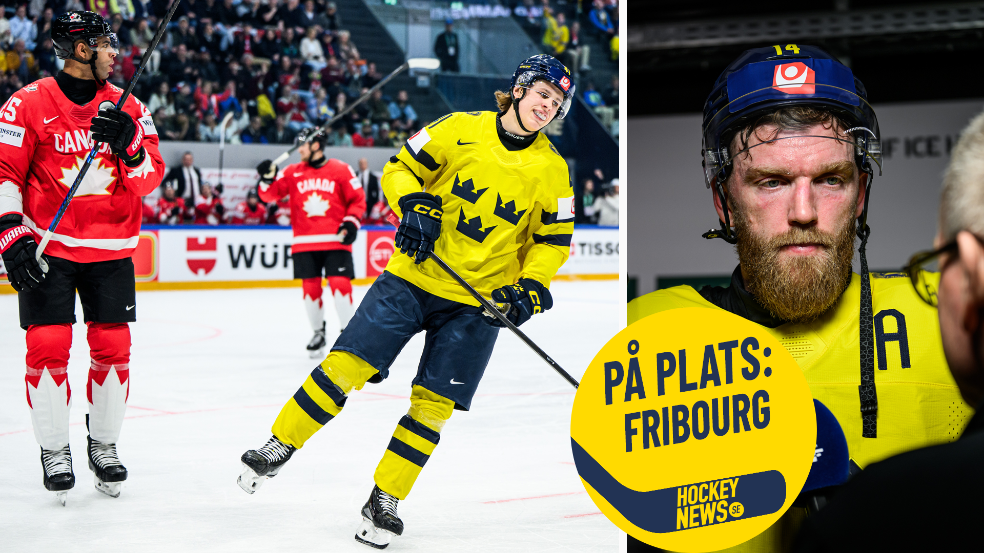 Ishockeyspelare i gul och röd utrustning under en match. Collage med tre bilder som visar spelare på isen och porträtt av en spelare med gul tröja.