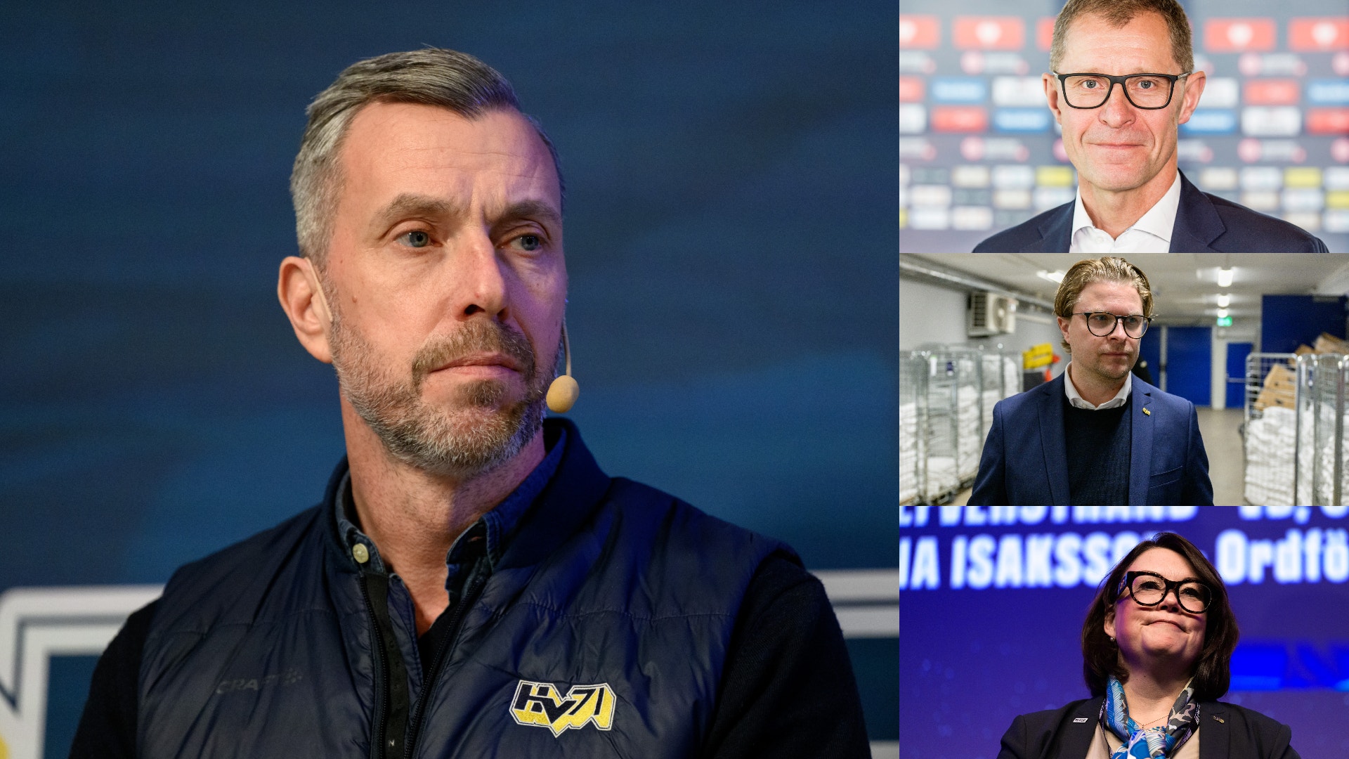 Kollage med fyra porträtt av män i professionella miljöer relaterade till hockey. Personerna är fotograferade mot bakgrunder med logotyper och arena-miljöer.