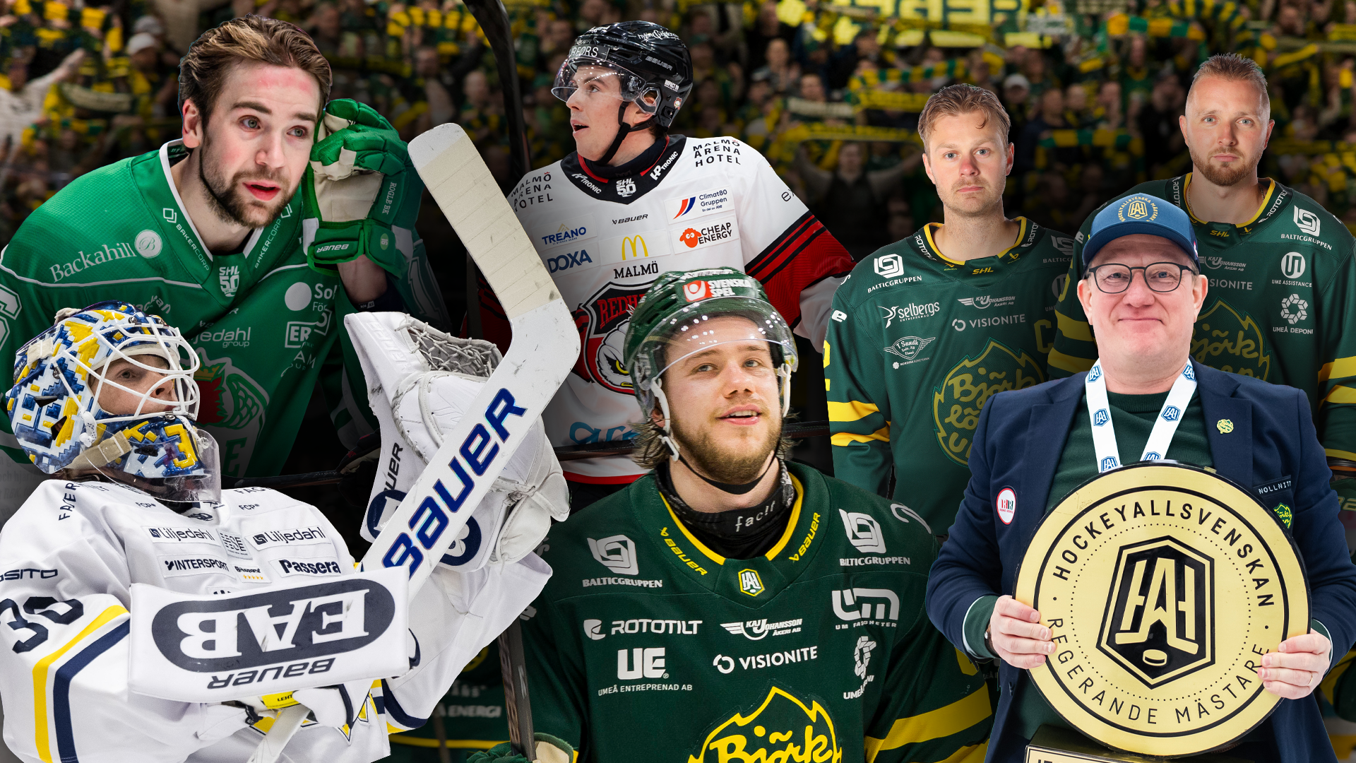 Hockeylag i gult och grönt tillsammans med spelare och personal. Bilden visar flera personer i lagets uniform och en person som håller i ett guldmedalj.