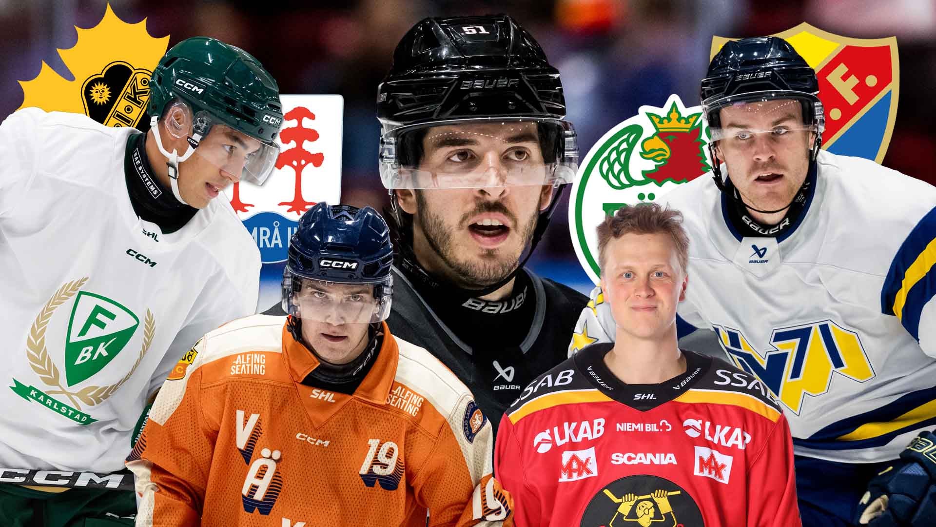 Kollage med sex ishockeyspelare i olika klubblagströjor, omgivna av respektive klubbmärken.
