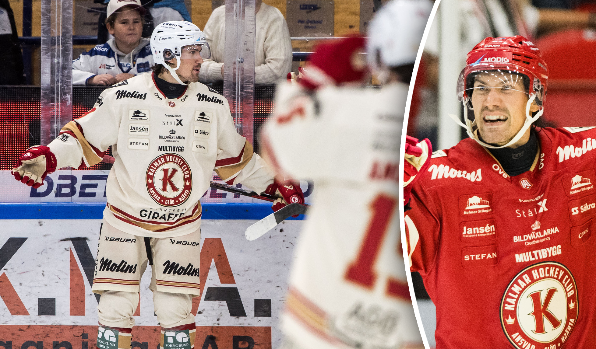 Collage med två bilder av en ishockeyspelare i Kalmar Hockey Clubs matchtröja. Till vänster står han på isen i vit tröja med hjälm. Till höger ler han i närbild, klädd i röd tröja och röd hjälm.