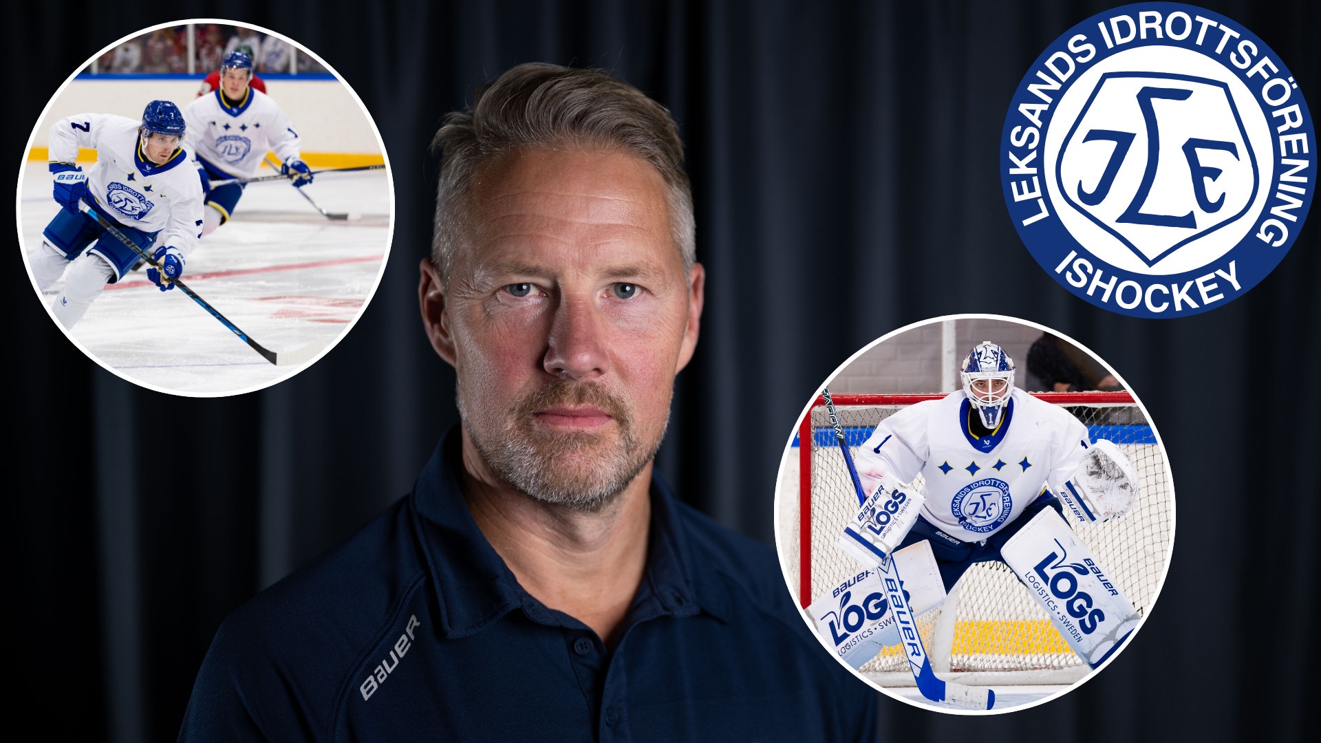 En man i mörk tröja står i fokus, med två runda bilder som visar ishockeyspelare och en målvakt, samt Leksands IF:s klubbmärke i hörnet.