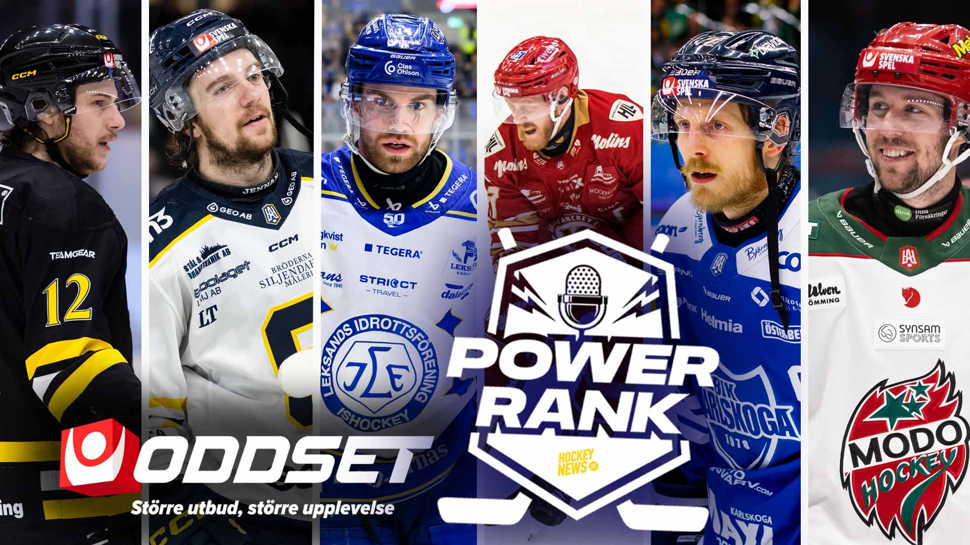 Collage med sex hockeyspelare från olika svenska lag i full utrustning. I mitten syns Power Rank-logon med en hockey-puck. Laglogorna för Oddset, Modo Hockey och andra är synliga i bilden.