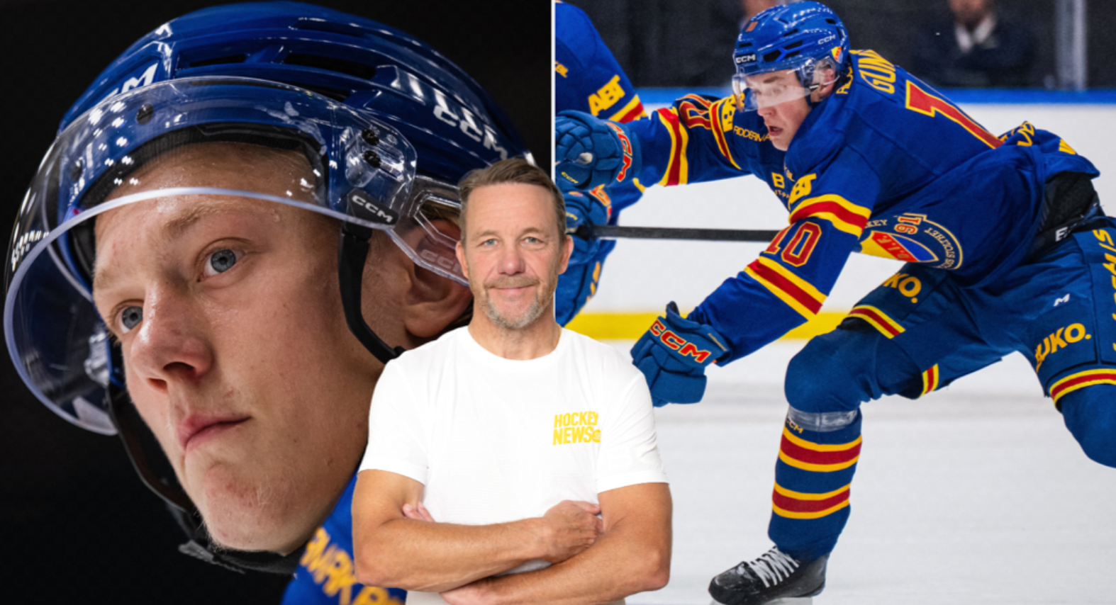 Bildkollage med en ishockeyspelare i blå matchtröja och hjälm, samt en man med korsade armar i vit t-shirt.