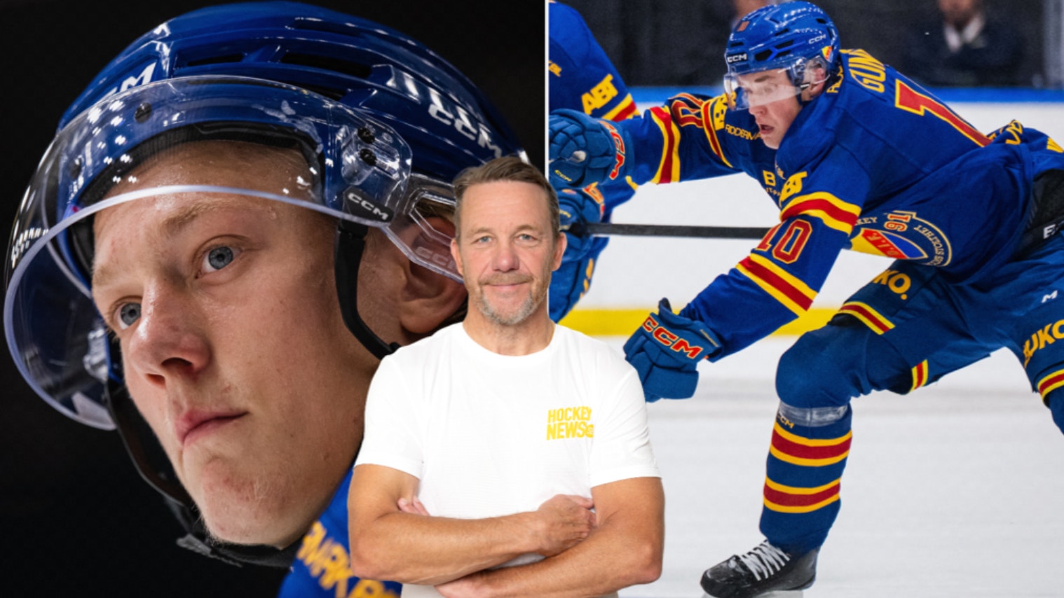 Bildkollage med en ishockeyspelare i blå matchtröja och hjälm, samt en man med korsade armar i vit t-shirt.