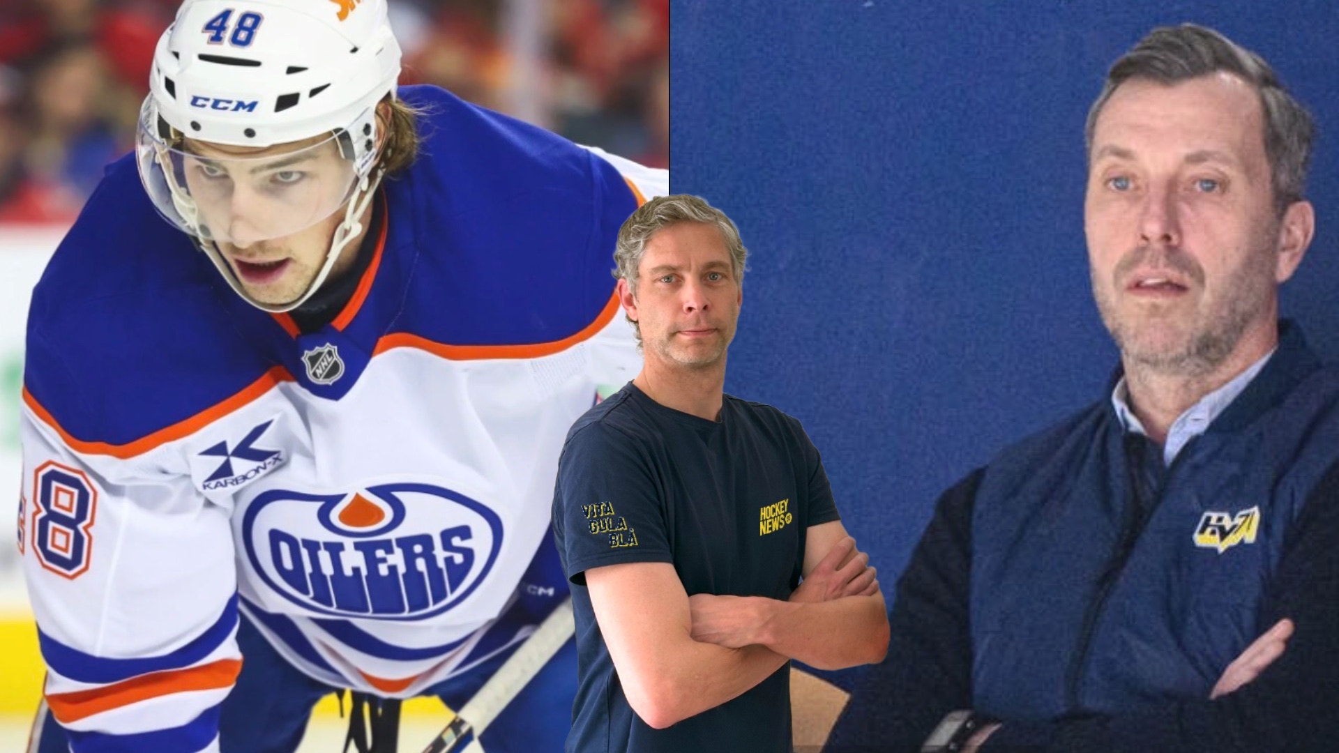 Sammansatt bild med en ishockeyspelare i Edmonton Oilers-uniform på vänster sida och två män i porträtt på höger sida.
