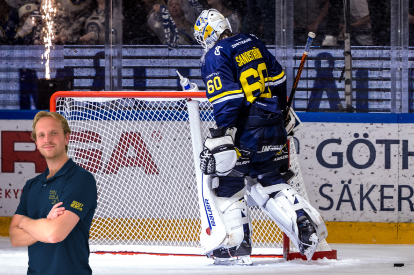 Ishockeyspelare i mörkblå tröja vid målet under en match.