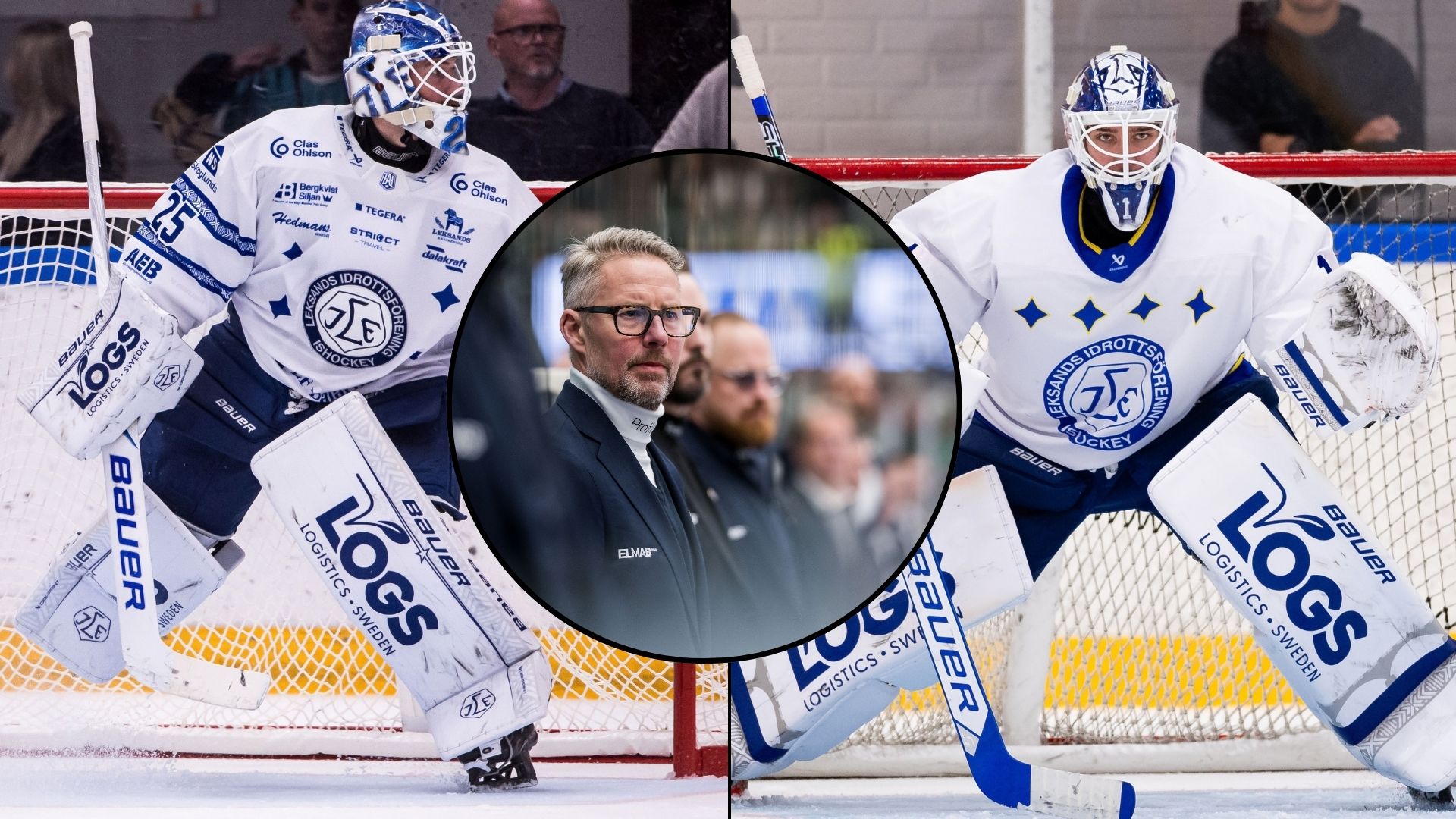 Bildkollage med två ishockeymålvakter i vita matchdräkter på isen, med en man i kostym infogad i en cirkel i mitten. Bildkollage med en man i kostym på en ishockeyarena samt två bilder på en målvakt i vit och blå matchdräkt på isen. Leksands IF:s ishockeylogotyp syns i övre högra hörnet.