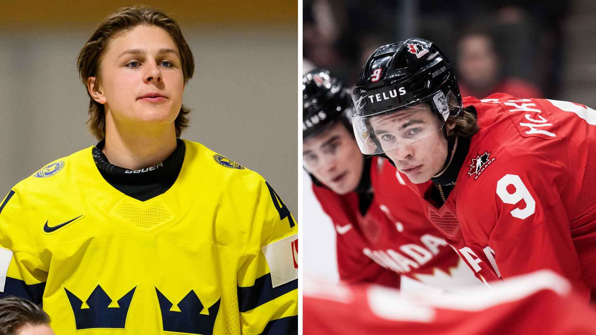Två ishockeyspelare, en i gul Sverige-tröja och en i röd tröja, under en ishockeymatch.