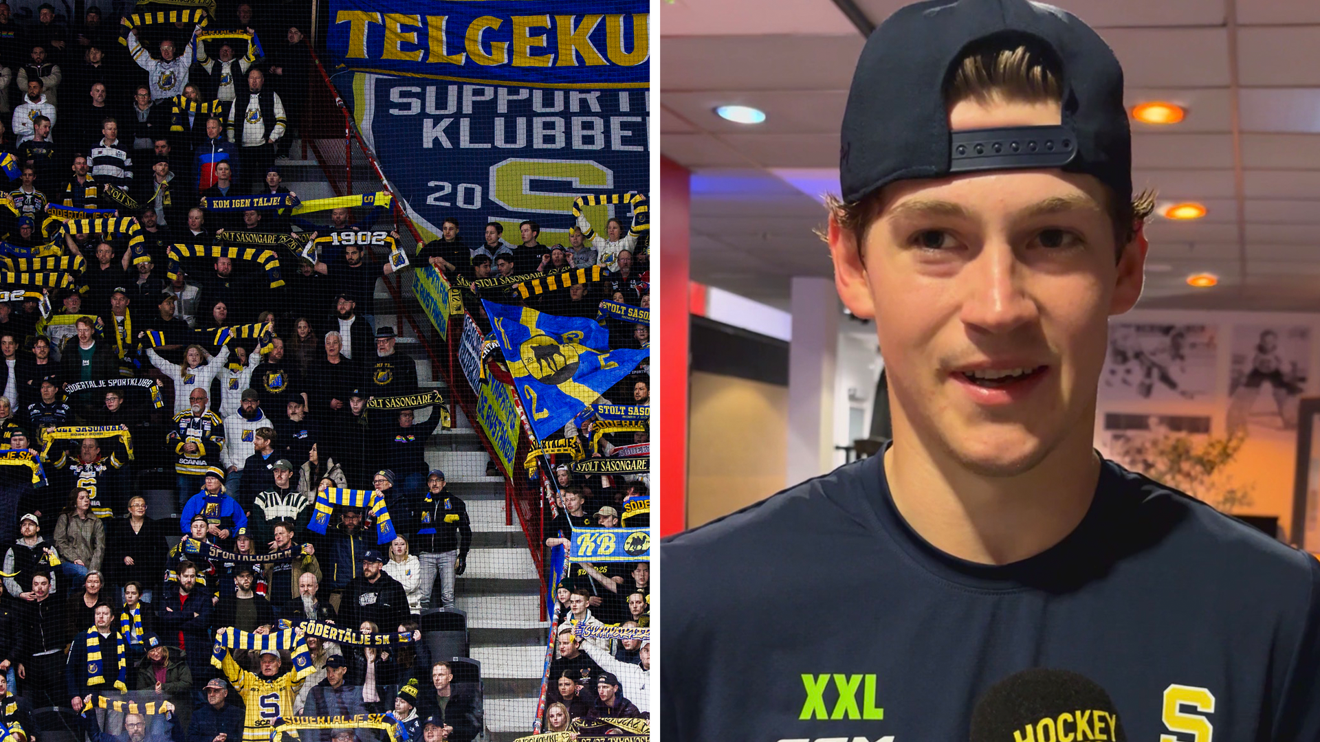 Sammansatt bild med supportrar på ishockeymatch till vänster och porträtt av man i ishockeytröja till höger.