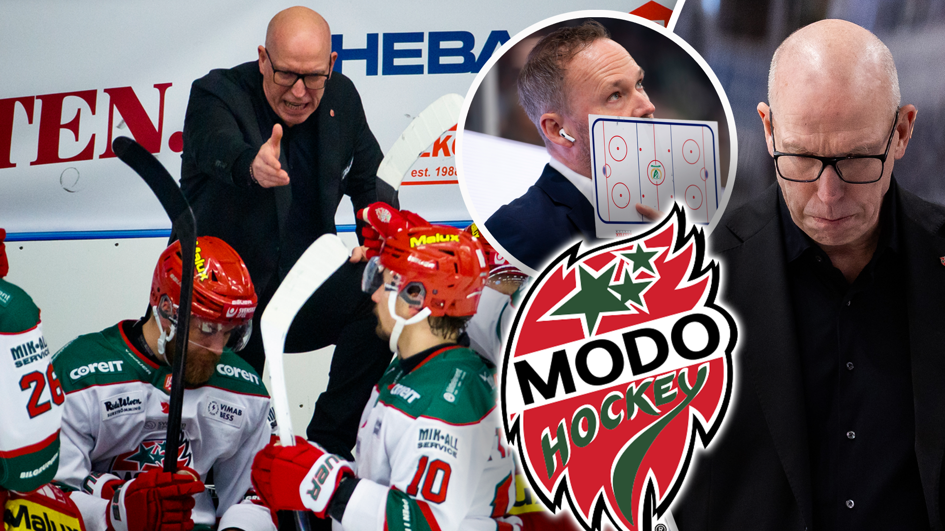 En ishockeycoach instruerar spelare vid bänken under en träning eller match. Porträtt av en äldre man med glasögon och svart skjorta. Till vänster i bilden syns ett rött kryss över en brandlogo. Bakgrunden är suddig.