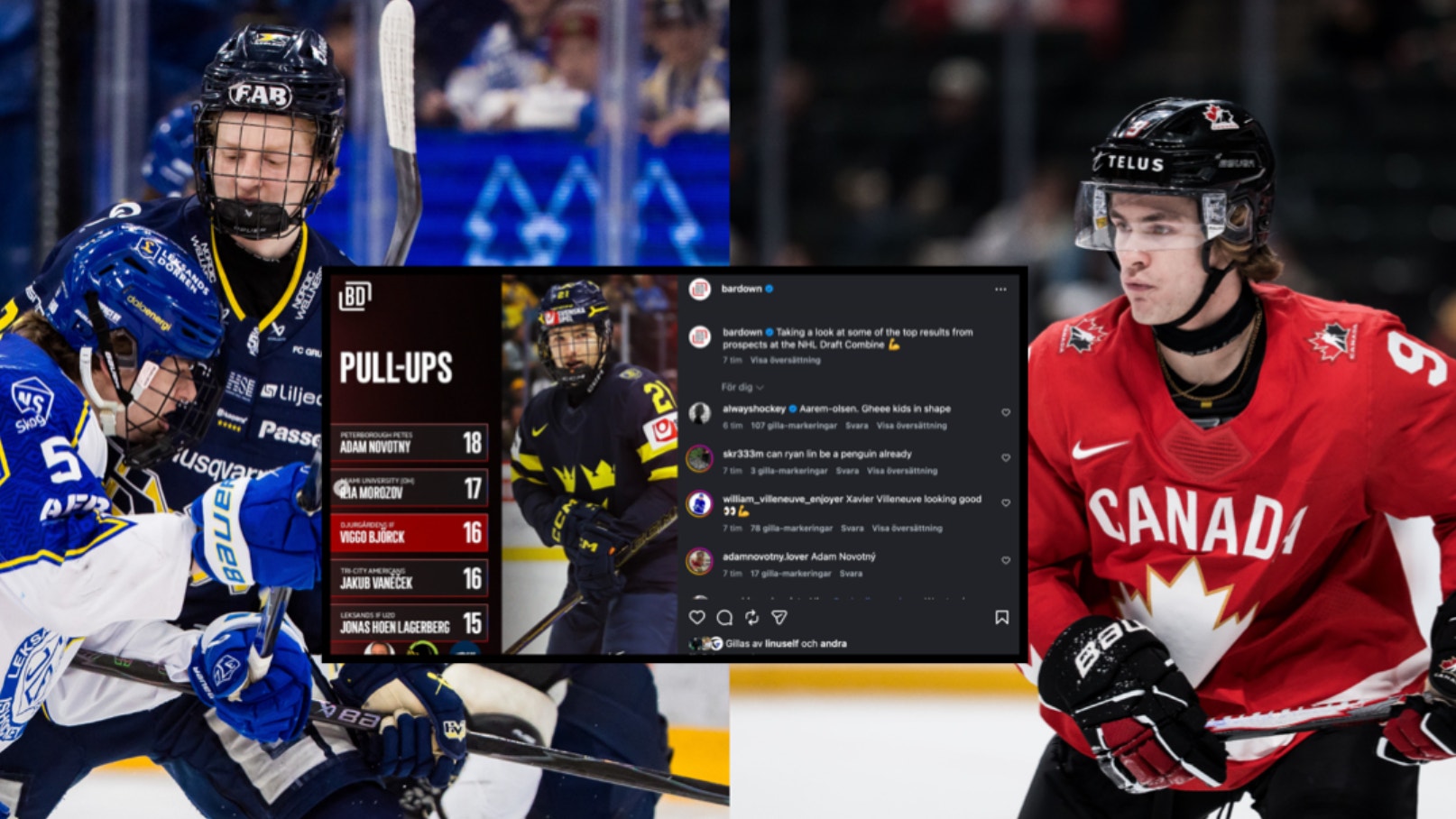 Skärmdump från Instagram som visar ett hockeyinlägg med bilder på ishockeyspelare i blå och röd tröja under en match, tillsammans med ett Instagram-inlägg om pull-ups-träning.