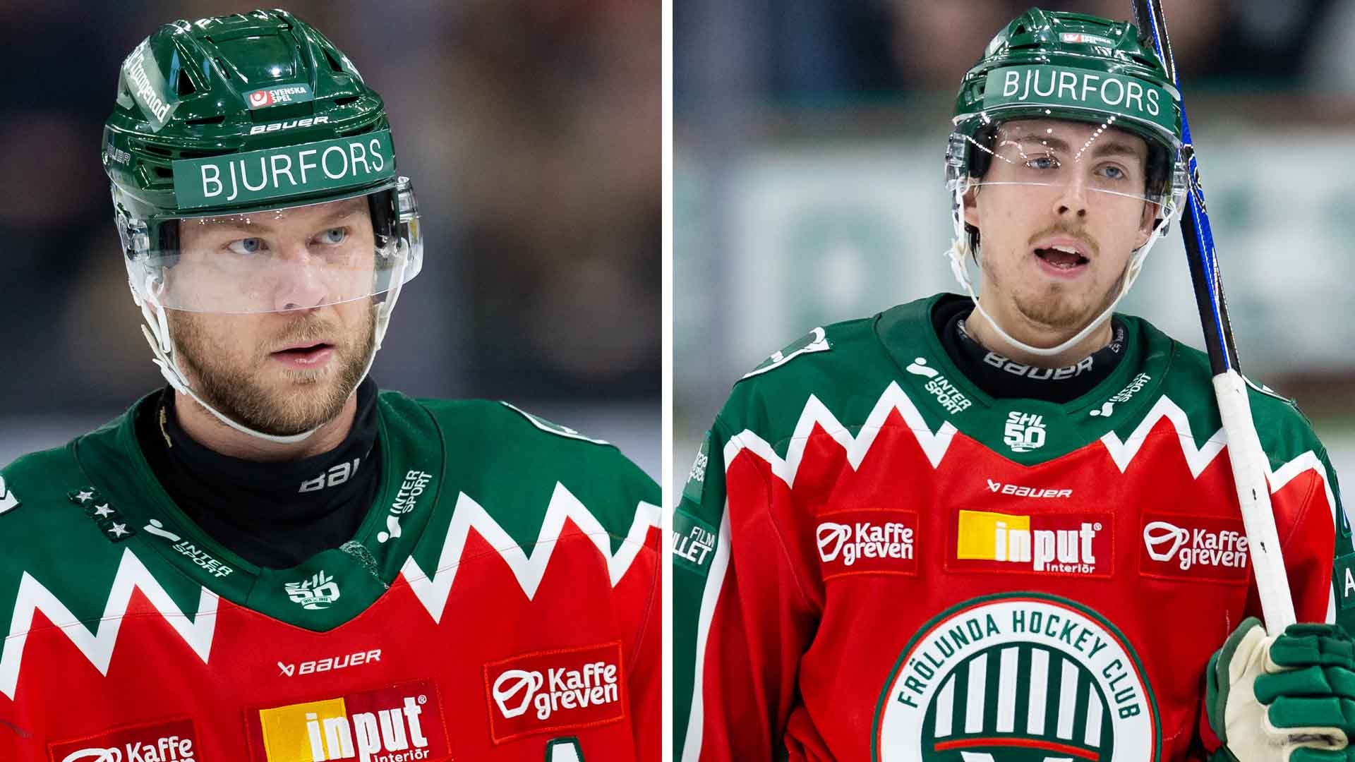 Två ishockeyspelare i gröna och röda trikåer med Björfors-logga på hjälmen.